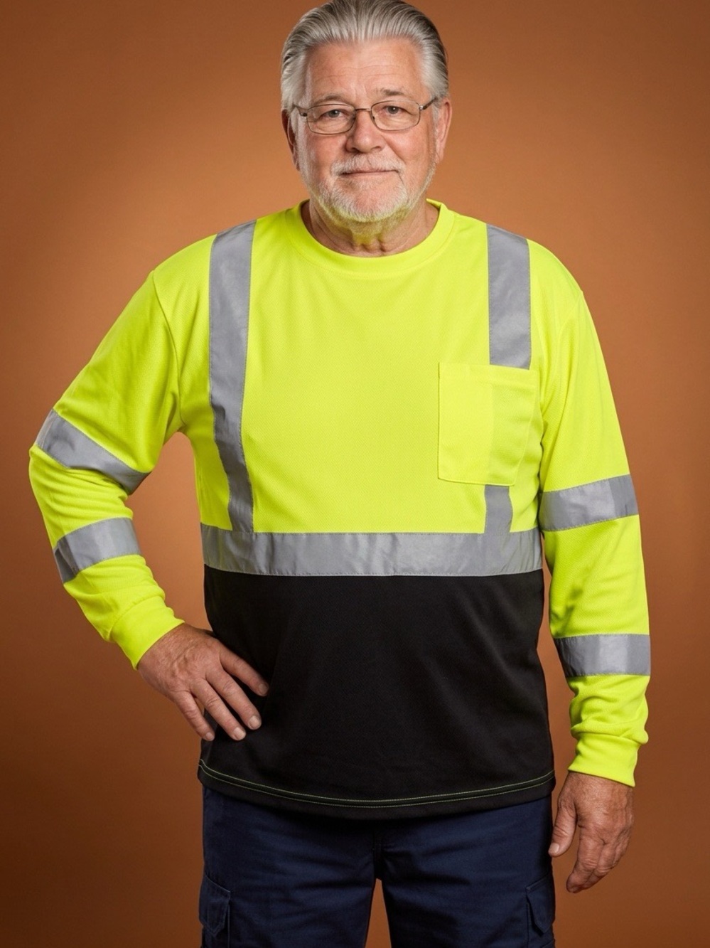 High-Visibility Yellow & Black Long-Sleeve Safety Tee